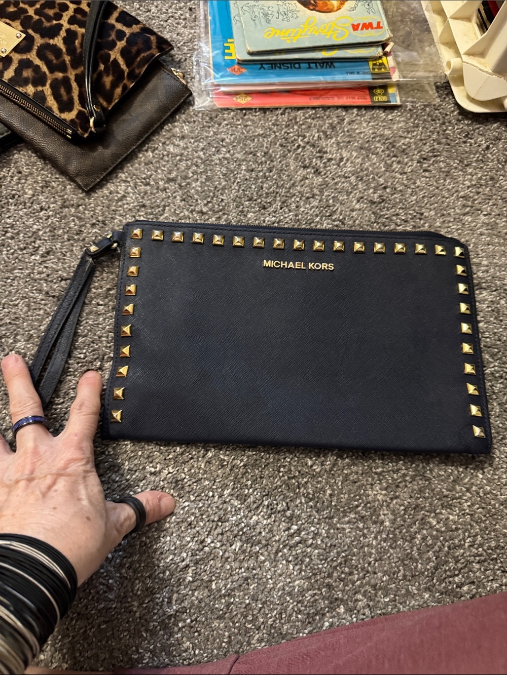Michael Kors Navy Saffiano Leather Wristlet Clutch with Gold Studs